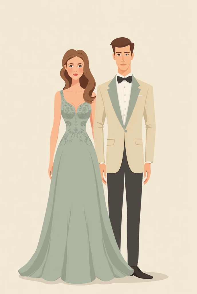 I need an image of the clothing to give references to the wedding guests for the dress code, which will be cocktail style. The drawings can be Disney style. minimalist. A Man and a Woman, that they don't see each other as a couple, only clothing models. Clothes are what matters