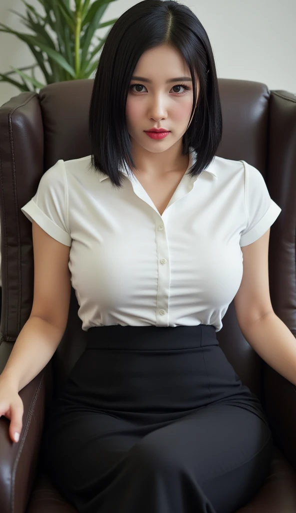 1girl, natural lighting, masterpiece, highly detailed, illustration, game CG, absurdres, high quality, aichan, (large breasts), beautiful green detailed eyes, medium black hair, bangs, glossy lips, office, sitting, black shirt, short white pencil skirt, black pantyhose