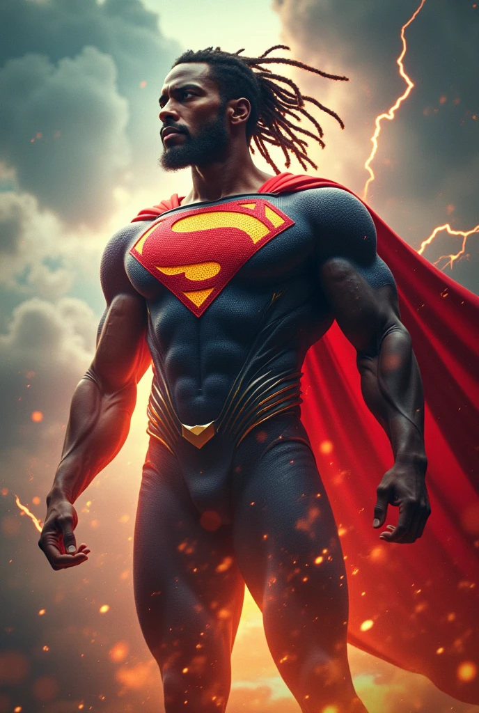 (16k, RAW photo, best quality, masterpiece: 1.2), ultra-detailed, formal art, photorealism: 1.37, upper body photo, Black Man curly hair 50 years DC Superman, film grain, action pose