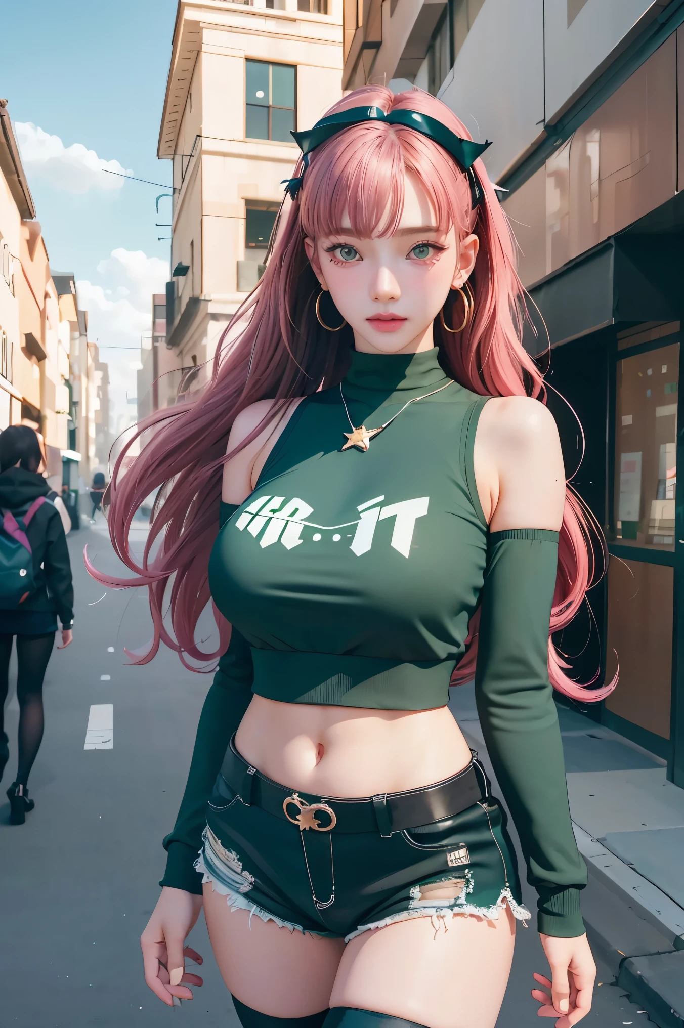 nicoledemara, nicole demara, (green eyes:1.5), pink hair, hair ornament, hair ribbon, hairclip, long hair, mole, mole on breast, mole on thigh, mole under eye, two side up, ribbon, smirk, smile, open mouth,
BREAK black footwear, black ribbon, black shorts, black socks, black thighhighs, boots, cleavage, crop top, earrings, jewelry, kneehighs, nail polish, necklace, o-ring, short shorts, shorts, single kneehigh, single sock, single thighhigh, socks, thigh strap, thighhighs, torn clothes, two side up,
BREAK outdoors, city, sky, clouds, sun, buildings, crowd, people, alley,
BREAK looking at viewer, (cowboy shot:1.5),
BREAK (masterpiece:1.2), best quality, high resolution, unity 8k wallpaper, (illustration:0.8), (beautiful detailed eyes:1.6), extremely detailed face, perfect lighting, extremely detailed CG, (perfect hands, perfect anatomy),