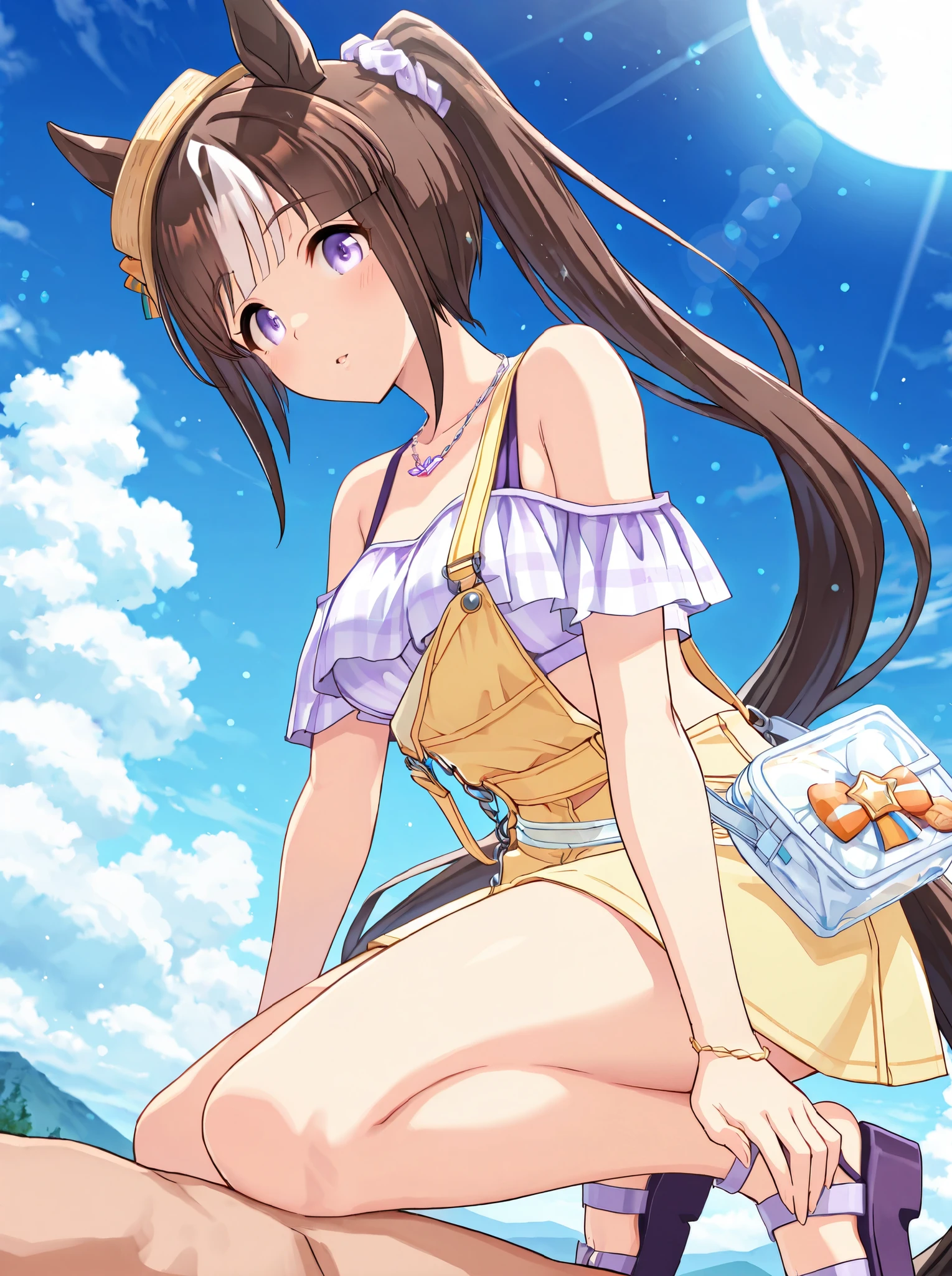 masterpiece,Highest_quality,general, latest
Hokko Barumae \(Uma Musume\), 1 girl, horse ears, necklaces, jewelry, skirt with suspenders to ride on top of the viewer, sandals on the skin, viewers, horse tail, bracelet, standing, Off Shoulder, bare shoulder, ponytail, official different costumes, Different hairstyle, yellow apron, plaid , crop top, plaid crop top, detachable sleeves, Mini Hat, tilted head decoration, purple sandals on the skin, platform shoes, purple crop top, ear through headwear , yellow skirt, miniskirt, suspender slip , waist bag , crystal clear bag , naked ears
blue sky , moon,Kobushi,light,lens flare,light particles,beautifully detailed eyes,Dynamic Poses,Dynamic Angle,