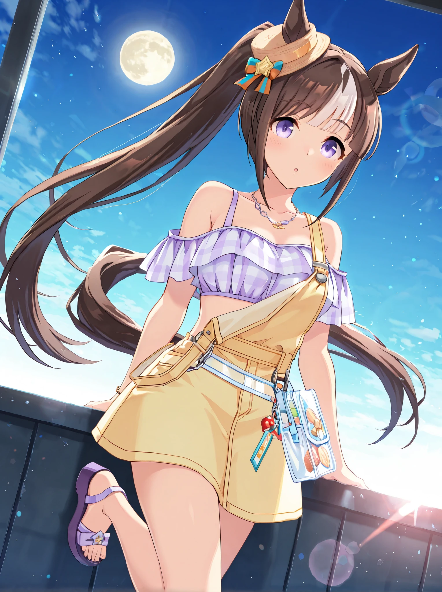 masterpiece,Highest_quality,general, latest
Hokko Barumae \(Uma Musume\), 1 girl, horse ears, necklaces, jewelry, skirt with suspenders to ride on top of the viewer, sandals on the skin, viewers, horse tail, bracelet, standing, Off Shoulder, bare shoulder, ponytail, official different costumes, Different hairstyle, yellow apron, plaid , crop top, plaid crop top, detachable sleeves, Mini Hat, tilted head decoration, purple sandals on the skin, platform shoes, purple crop top, ear through headwear , yellow skirt, miniskirt, suspender slip , waist bag , crystal clear bag , naked ears
blue sky , moon,Kobushi,light,lens flare,light particles,beautifully detailed eyes,Dynamic Poses,Dynamic Angle,