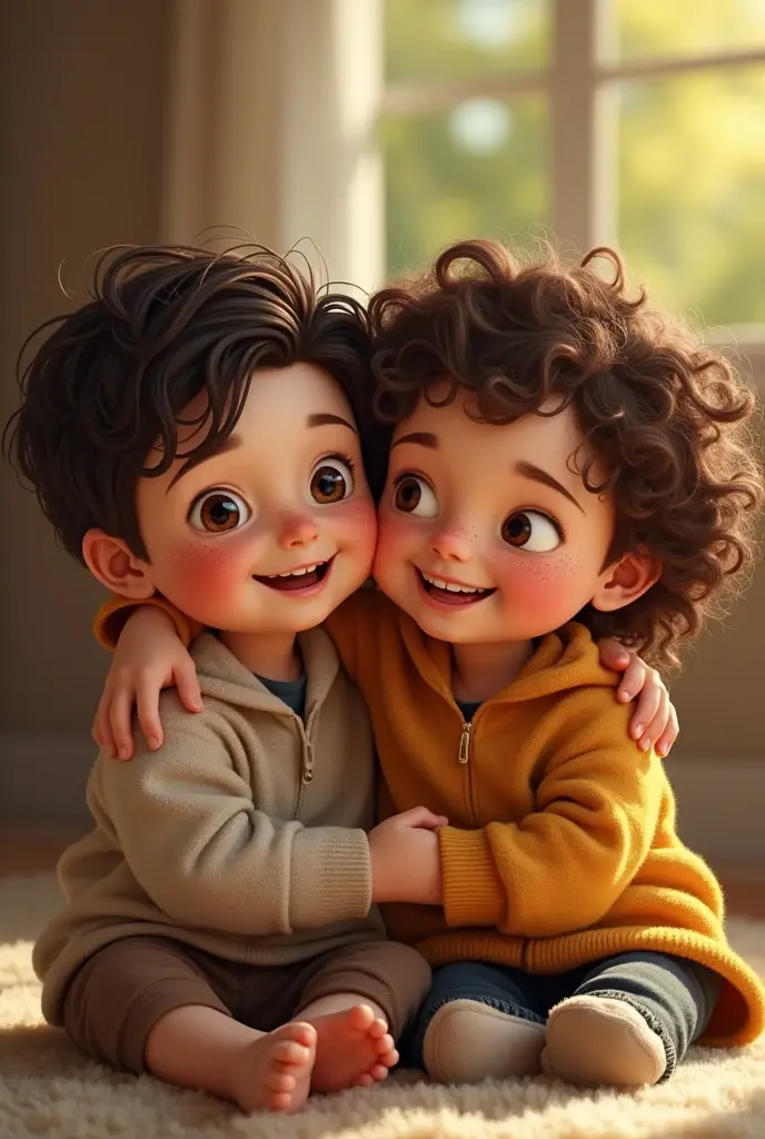 Image of two brothers realistic panel. the boy, Tobias, has , wavy dark brown hair, Tez blanca, small eyes and is covered in freckles and moles. The girl, Holly, He is , She is brunette with curly and light brown hair, and also has many moles. Both must appear together in a happy environment