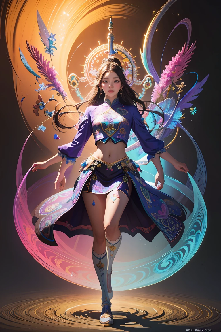 genshin impact style. solo, full body, a female character, dynamic posing, fantasy world background