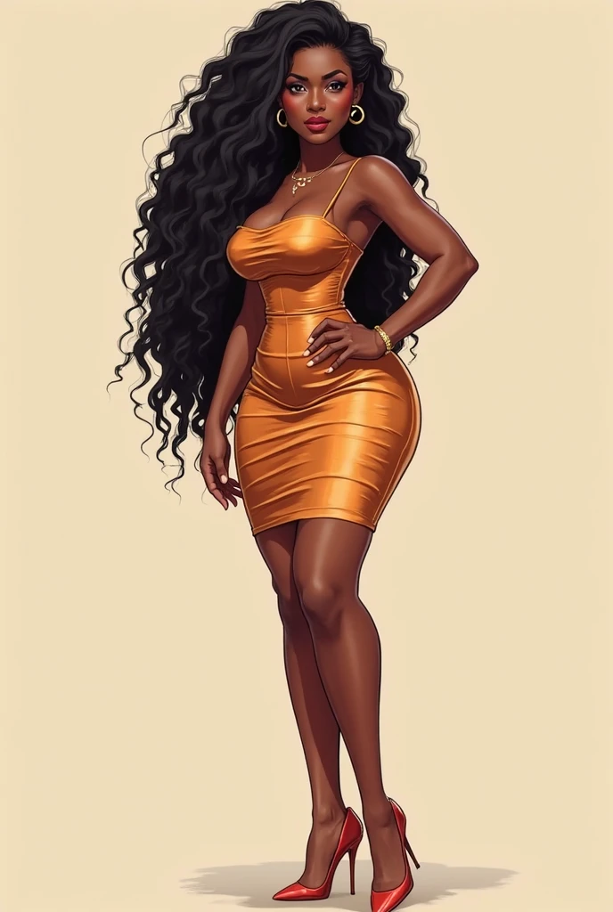 beautiful African woman, short ((golden)) dress that seems to flow like honey, dark skin