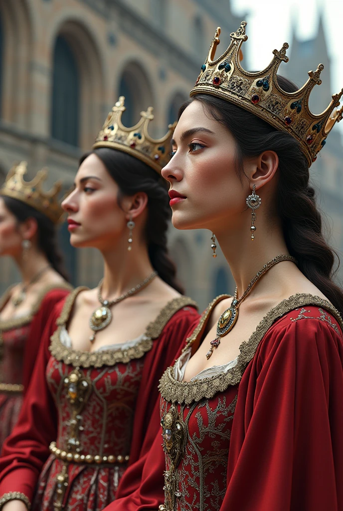 beautiful face, Queen of Medieval Spain, brown hair, Open your mouth and make a speech, angry
