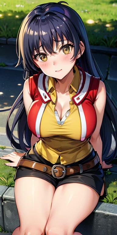 (1girl, xuangzang sanzang \(fate\), fate/Grand Order), (throw_hand, pink vibrator remote switch in throw_hand, throw:1.2), Highest quality, Super detailed, masterpiece, Ultra-high resolution, 8K, Ridiculous, Cowboy Shooting, Blurred, One girl, Focus on the girl, Embarrassing, blush, Lovely, Close one eye, With tears in her eyes and her mouth open, What saliva leaves behind, Wet skirt hem, (Sticky panties:1.1), Bulging of the vibrator cord, Vibrator with Garters, (cleavage), Classroom Background, The skirt is accidentally exposed,(large breasts), (crop top navel), (waist line), Accidentally exposed panties