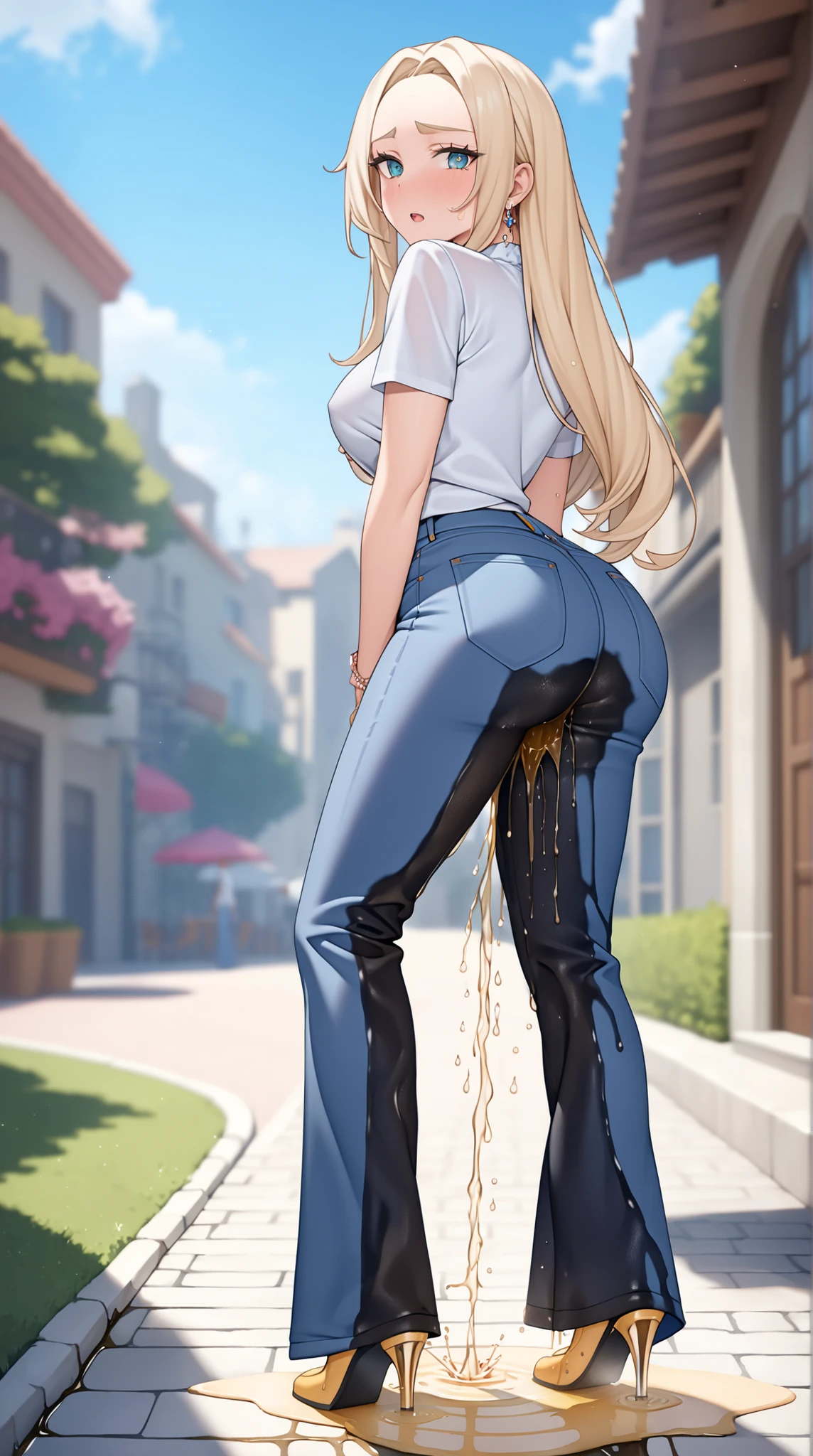 Detailed skin texture, Attractive skin tones, Captivating soft make-up, A youthful scandinavian female with dazzling eyes and lovely long hair and forehead with skinny body with round ass and medium breast with is (wetting herself:1.5) in (desperation, holding crotch). A large wet crotch stain is visible on her pants. Large wet thigh pee stain. Large wet knee pee stain. Large wet shin pee stain. Pee stains is visible on the back of her pants. She is wearing (blue denim flared pants) with casual outfit and footwear. (Lactation) Looking at viewer from behind. :O. Outdoor setting in march. Fashion photography. Full body. (Best quality. Masterpiece:1.3. 16K. Detailed. Ultra high resolution). Detailed and intricate coloring, Healthy Skin, Absurd aesthetics,