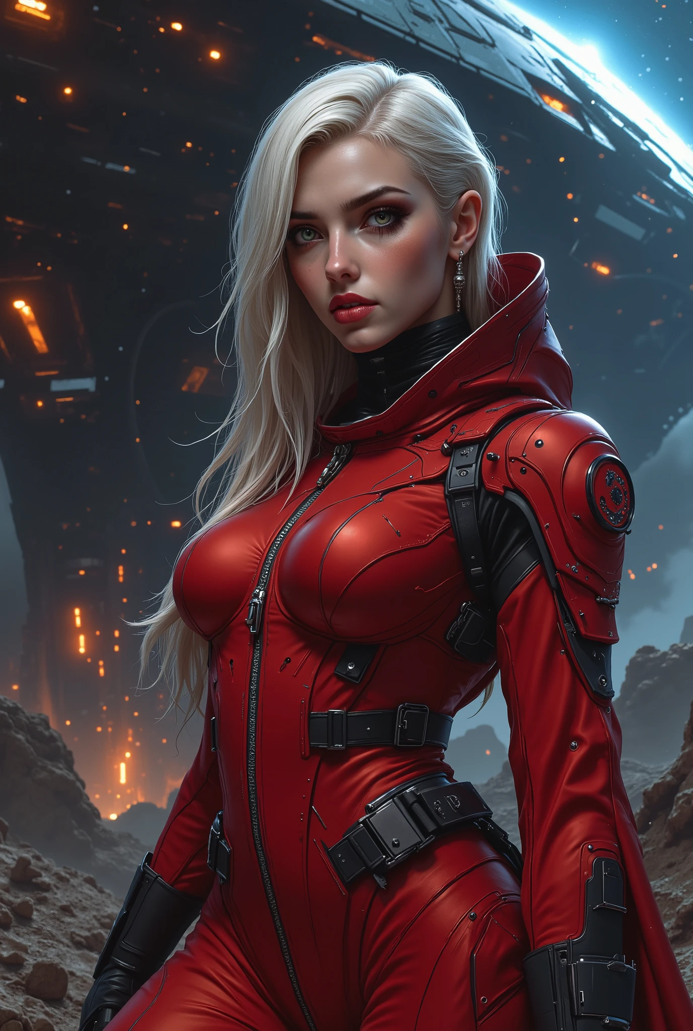 a woman with golden white hair, beautiful detailed eyes, beautiful detailed lips, extremely detailed face, long eyelashes, wearing a matte red space suit, standing in front of a space battleship in a galaxy, (best quality,4k,8k,highres,masterpiece:1.2),ultra-detailed,(realistic,photorealistic,photo-realistic:1.37),concept art,sci-fi,cinematic lighting,dramatic colors,vivid colors