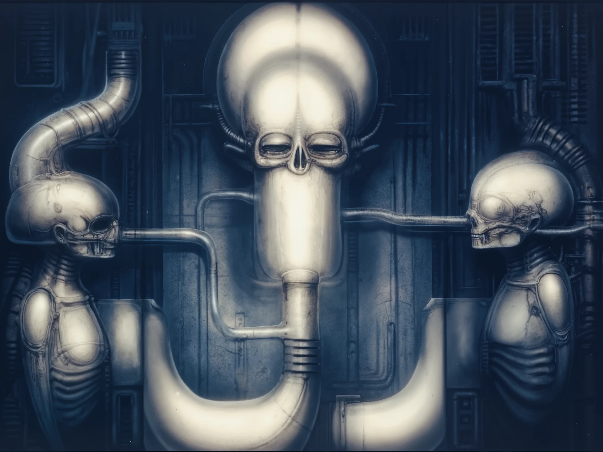 Please reproduce the original image as accurately as possible, capturing the intricate details of the biomechanical structures, the dramatic lighting, and the overall sense of unease. Find and enhance depiction of Giger's demons and creatures.(best quality:1.4). Use DARK BLACK COLORS.The final image should evoke the same sense of awe and dread as the original artwork by H.R. Giger,, (best quality:1.4), H.R. GIGER,  BY GIGER
