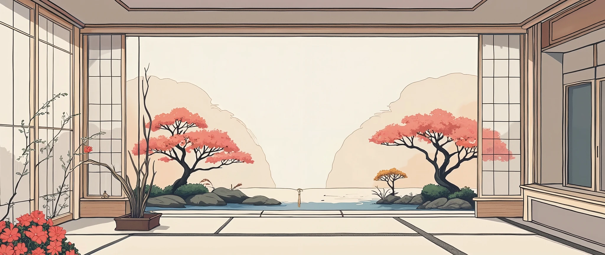 illustration in soft colors predominating , minimalism of a Japanese style living room with window to see the minimalist Japanese garden with bonsai trees, the stage evokes energy and elegance