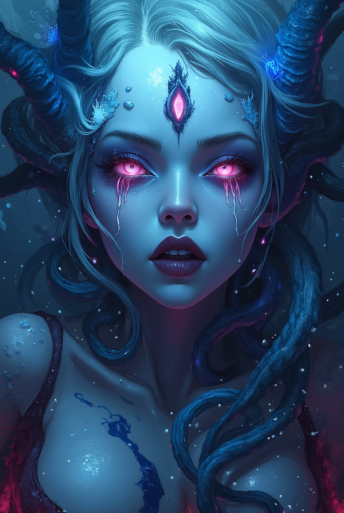 iridescent eyes, scary and sexy detailed art in color, Portrait, (beautiful and obscene female alien:1.4), (vulgarity1.7), (Translucent white skin:1.4), (There is a female genital-like organ in the middle of the forehead:2.3), (The most beautiful face in the history of the universe:1.2), an evil gaze that seduces, (sharp teeth like a vampire:1.0), Full body portrait, (bio luminescent:1.2),(Lots of translucent tentacles:1.3) , Neon Colored, in the deep sea