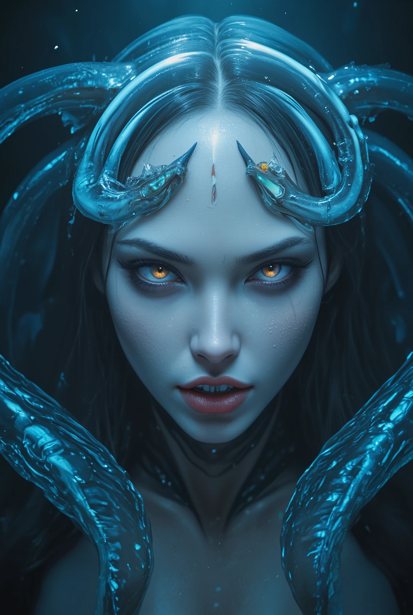 iridescent eyes, scary and sexy detailed art in color, Portrait, (beautiful and obscene female alien:1.4), (vulgarity1.7), (Translucent white skin:1.4), (There is a female genital-like organ in the middle of the forehead:2.3), (The most beautiful face in the history of the universe:1.2), an evil gaze that seduces, (sharp teeth like a vampire:1.0), Full body portrait, (bio luminescent:1.2),(Lots of translucent tentacles:1.3) , in the deep sea