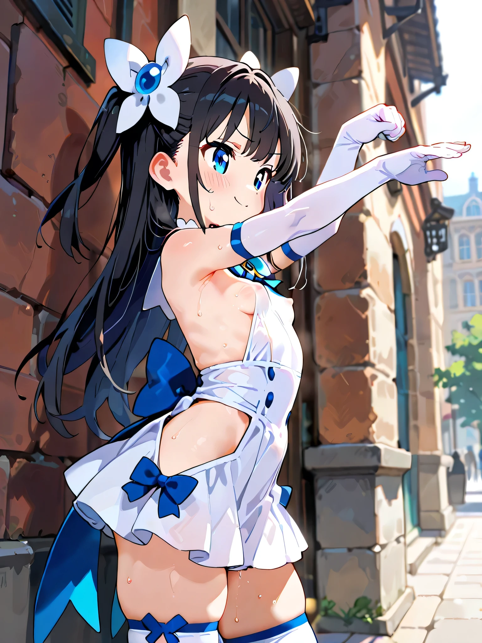 ((​masterpiece:1.4、top-quality:1.2))、1girl in、solofocus、delicated face、Highly detailed anime faces and eyes、(Blur the background：1.3、(transform sequence)、((stright long hair))、Soio、Soio、a 14 year old girl、japanes、Lori、Chiquita、elementary student、A dark-haired、((White and blue maid style leotard))、（highleg）、Tiara on the head、A smile、is standing、Facing the front、