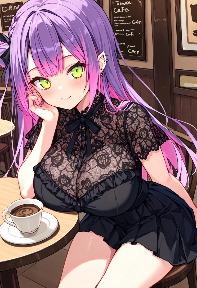 1girl, solo, nakano nino, pink hair, butterfly hair ornament, (naked:1.3), (white apron), large breasts, cleavage, thighs, cafe background, (blushing:1.3)
