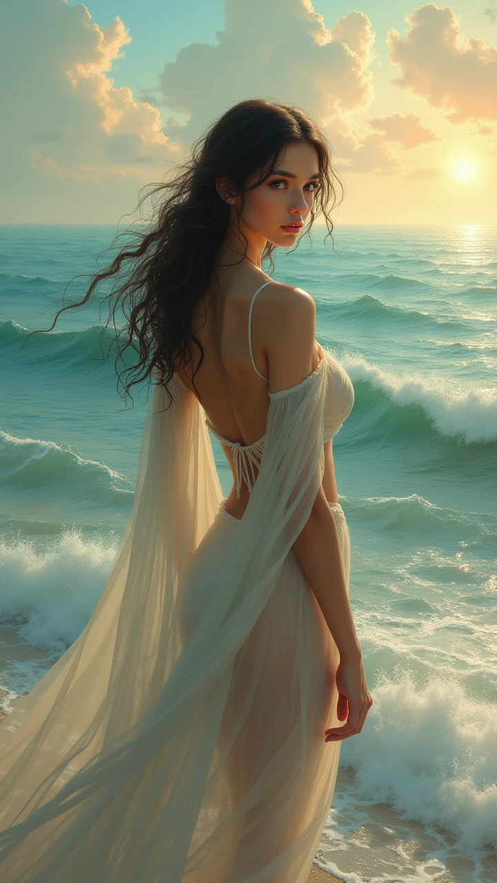 8k, masterpiece, RAW Photos, Highest quality, Realistic, Very detailed, Depth of written boundary, Cinematic Light, Anatomically correct body,
(One elegant beautiful mature woman:1.2),
Wavy black long hair, Very beautiful face, Exquisitely detailed face, Goddess-like deity々Beautiful, Glamorous Body, Very sensitive skin, Transparent white skin, (Large shapely breasts:1.1), Sexy ass, Sexy thighs,
(Silk high slit dress:1.2), Detailed cloth texture, Gorgeous necklace, Gorgeous earrings,
Dark starry background, Milky Way Galaxy, Meteors, Dark coastline at night, Pitch black sea surface,
High angle shot,