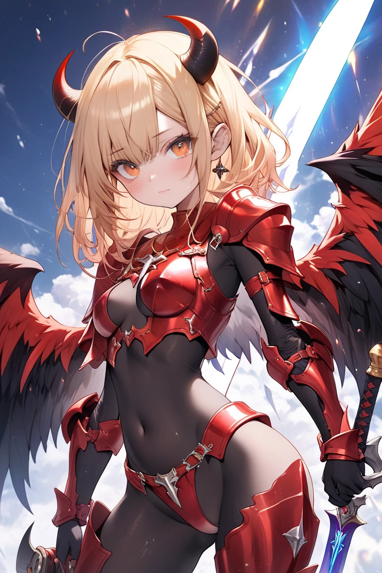 anime, (masterpiece), (best quality), (ultra-detailed), (best illustration), (best shadow), (absurdres), (detailed background), (very aesthetic), shiny, detailed beautiful eyes, outstanding, countershading, detailed soft lighting, an exquisite animation illustration, 1girl, solo, anheang, Dollsuit, thighthigh, dark persona, empty eyes, expressionless, blank eyes, looking at viewer, red gloves, full body, emotionless, Fighting Stance, hair ornament, sysdeep_jeanne, blue eyes, blonde hair, short hair, earrings, jeanne_ornament, jewelry, large_breasts, braid, holding, wings, holding_weapon, shield, flag, holding_polearm, holding_shield, banner,