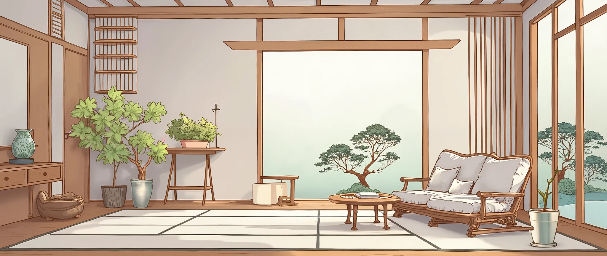 illustration in soft colors predominating , minimalism of a Japanese style living room with window to see the minimalist Japanese garden with bonsai trees, the stage evokes energy and elegance