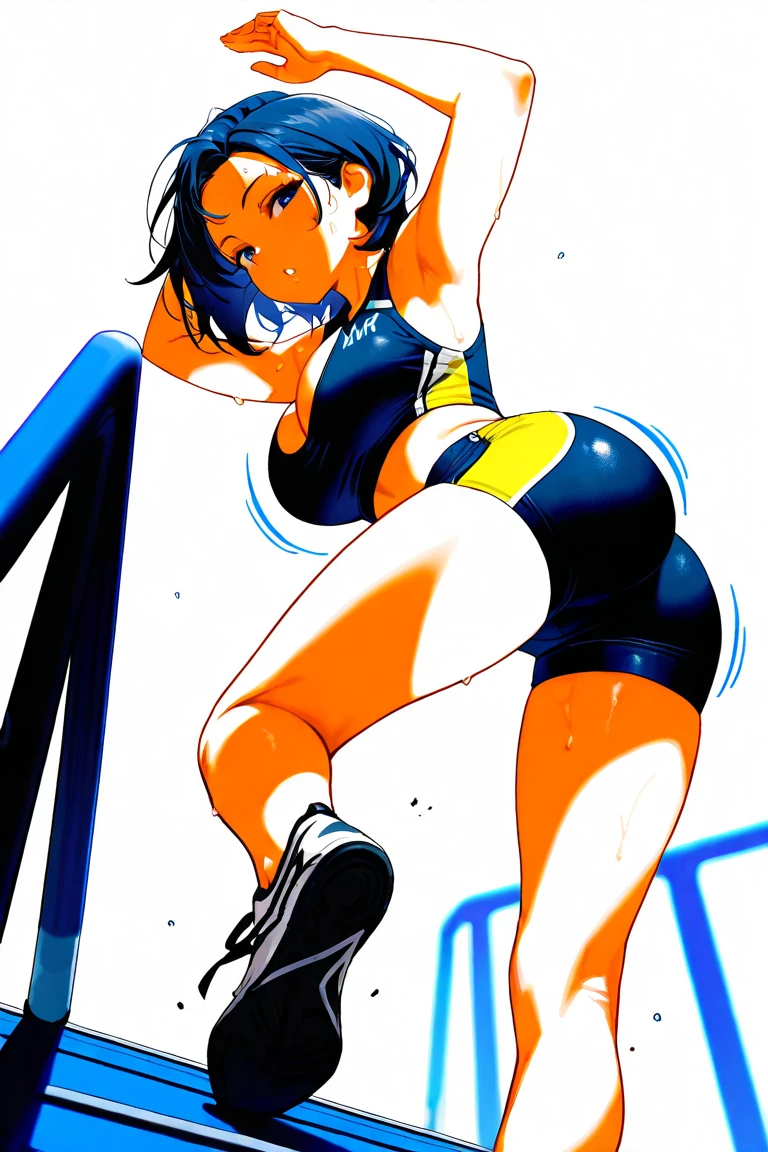 A hot girl, volleyball player with short shorts showing the edge of her big ass 