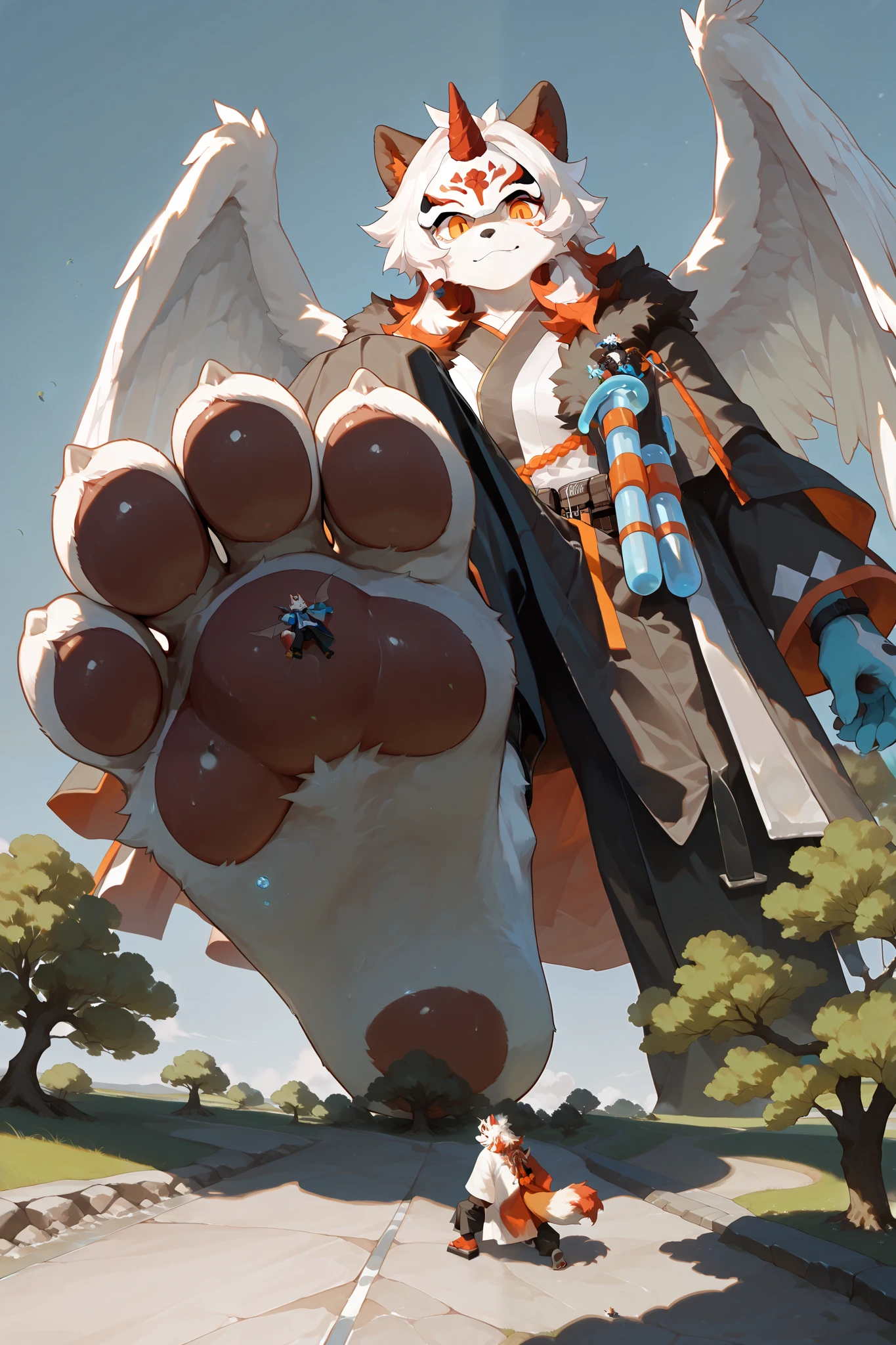 score_9, score_8_up , score_7_up , score_6_up , furry, anthro, Alone, Hung, dog, arknights, two-tone fur, medium hair, white hair, single horn, orange eyes,(closeup Hung foot: 1.2), (ultra closeup of a Hung foot only: 1.1), (Hung: 1.1), robes, simple background, (ultra closeup of Hung feet: 1), (foreshortening: 1.2), (closeup Hung foot: 1.0), laying on bed, (macro size: 1.9), (showing paws: 1.1),Goblin Underpaws,(( fox mask, Blue oxygen, kimono, black pants, Wings on a tree )),