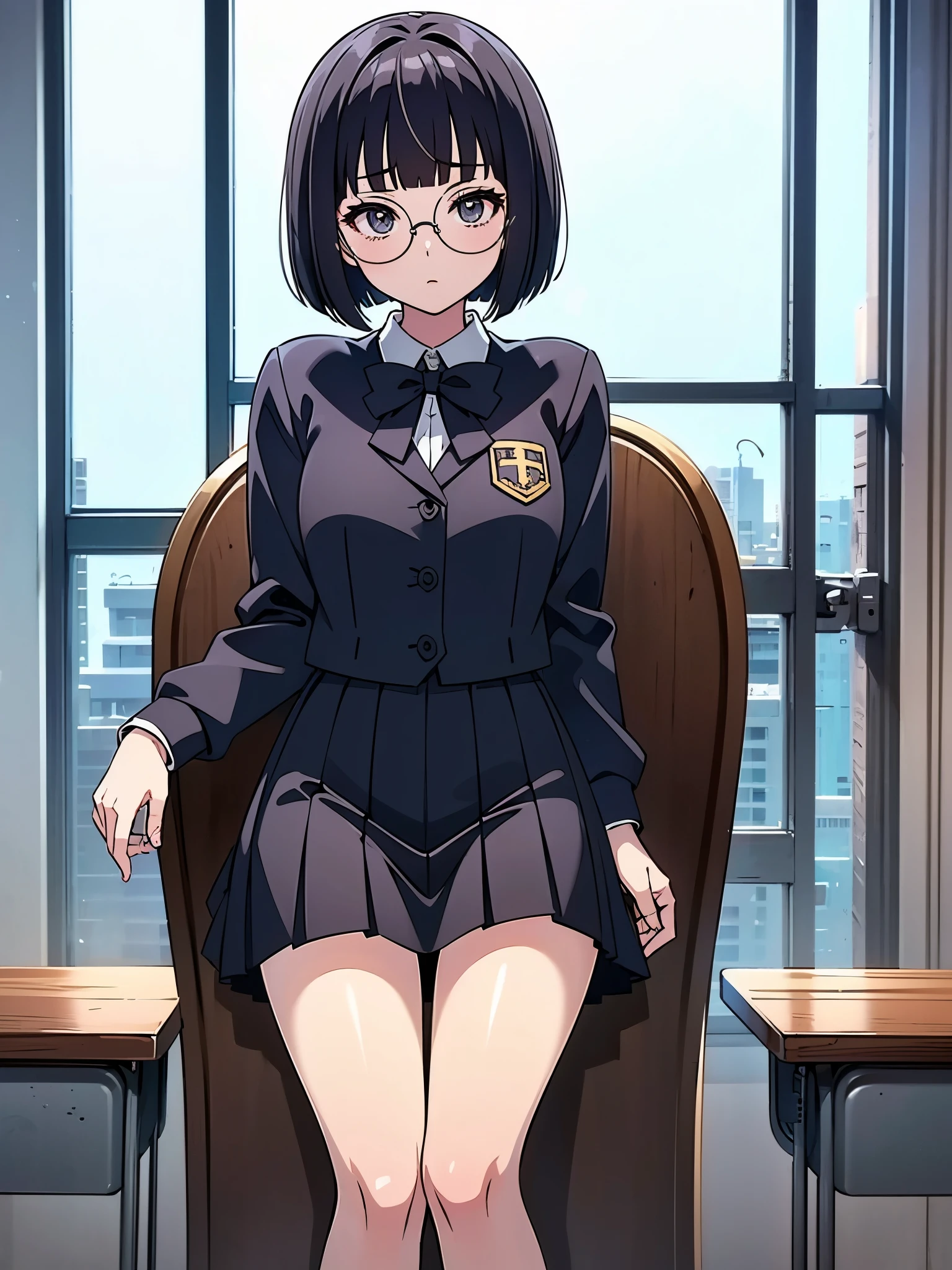 inside classroom, anime style, 8k, masterpiece, ultra high res, 1 girl, break from side, wearing school uniform, perfectly round glasses, perfect circle glasses. black frame glasses, very thick rimmed fame glasses, blunt bangs bob hair, moon face, sitting school chair,