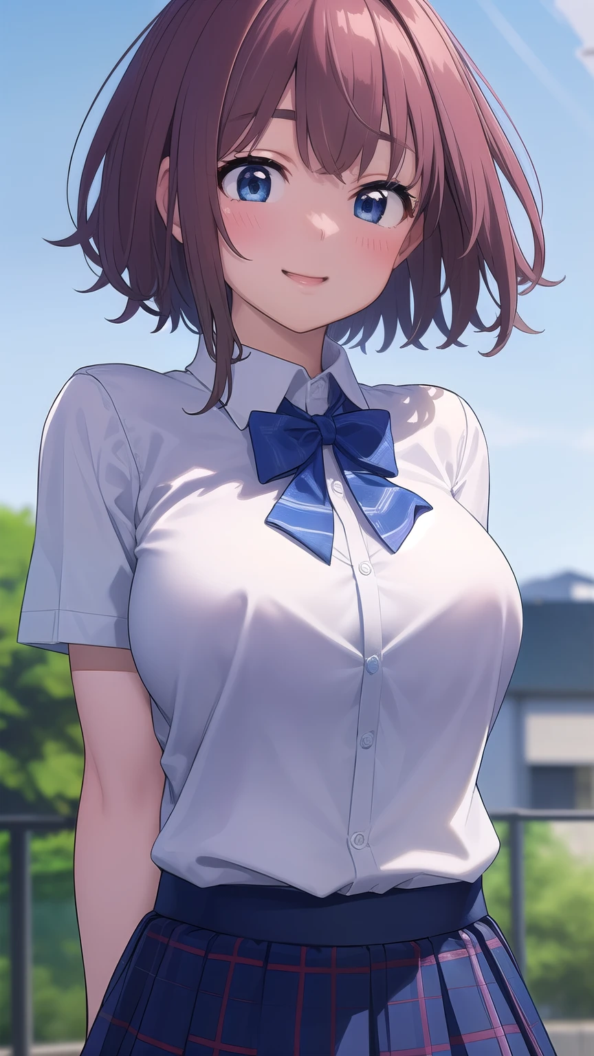 ( masterpiece, highest quality), 非常に詳細なbackground, perfect lighting、highest quality, (upper body close-up angle:1.4), {hitoyobafu 、1 girl、(is standing:1.2), wind、(arms behind back:1.5)、(18 years old)、pink lips、short brown hair、blue eyes、( Smile:1.4)、(blush:1.3)、{school uniforms、(white collared blouse:1.3)、(Short sleeve)、(blue bow tie)、{slender on the background、glamour}、(big boobs)、(blue plaid skirt up to the 3rd button)、(windでスカートリフトアップ:1.5)、(Skirt lift up with white thin thighs)、(socks)、}、{background、(School Rooftop)、blue sky、 fence、cityscape}