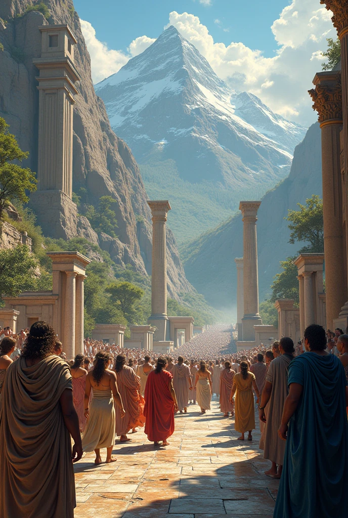 modelshoot style, (extremely detailed CG unit 8k wallpaper), a multitude of ancient people gathered in one place, biblical times, beginning of the world, Midjourney and Greg Rutkowski