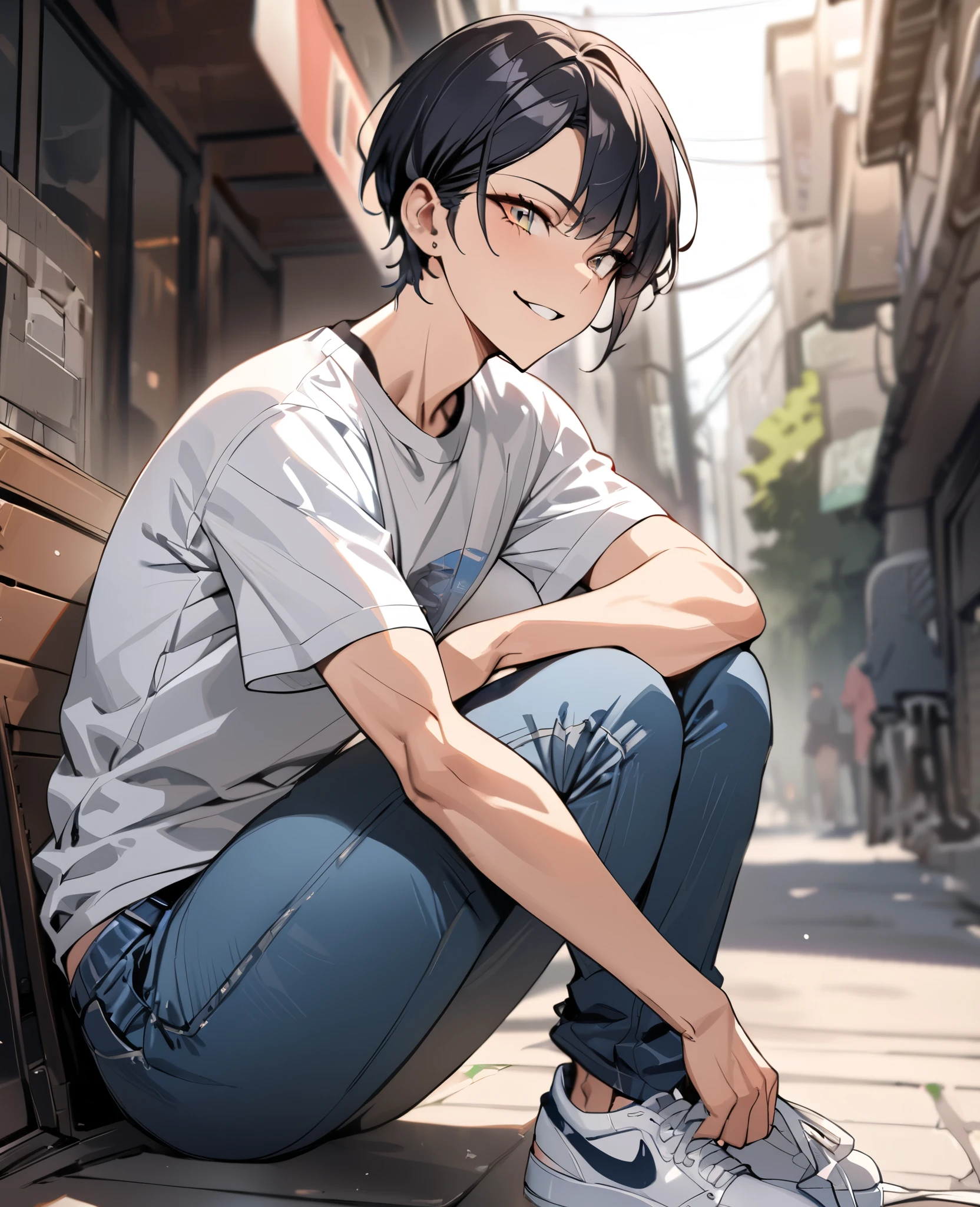 ((masterpiece, best quality)), androgynous figure, boyish short hair, casual streetwear, relaxed pose, phone camera, natural smile, urban background, (high quality), defined jawline, athletic build, vintage t-shirt, ripped jeans, sneakers