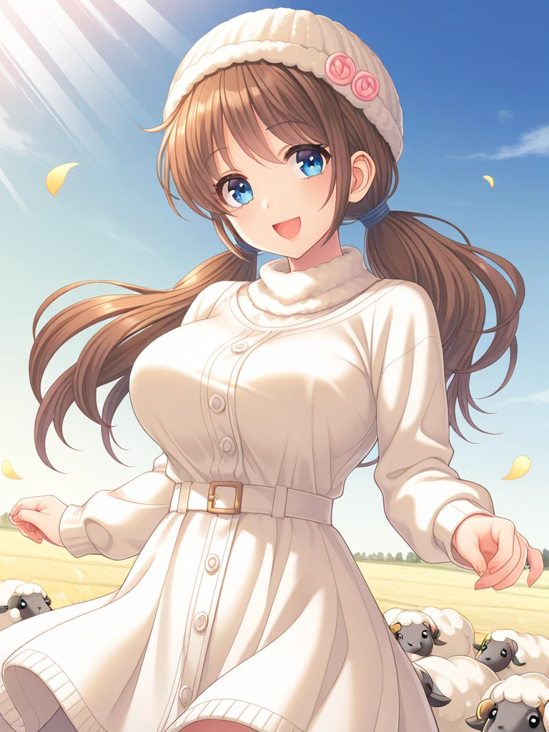 masterpiece, best quality, good quality, KururugiSeina, 1girl, solo, long hair, brown hair, blue eyes, , low twintails, happy, smile, Wool Felt fashion, Wool Felt hat, She's on a sheep farm, Her hair shines in the wind., petals dance in the wind, sunbeam, cinematic angle, movie angle,
