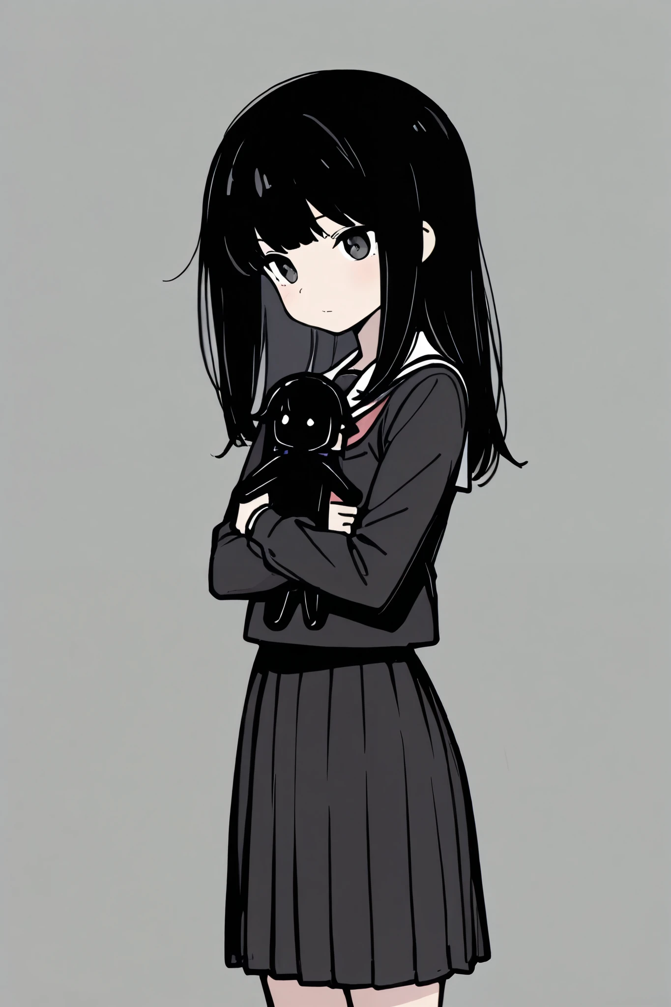 masterpiece, best quality, highest resolution, 1girl, school uniform, long hair, 1girl hugging small black shadow figure, black hair,