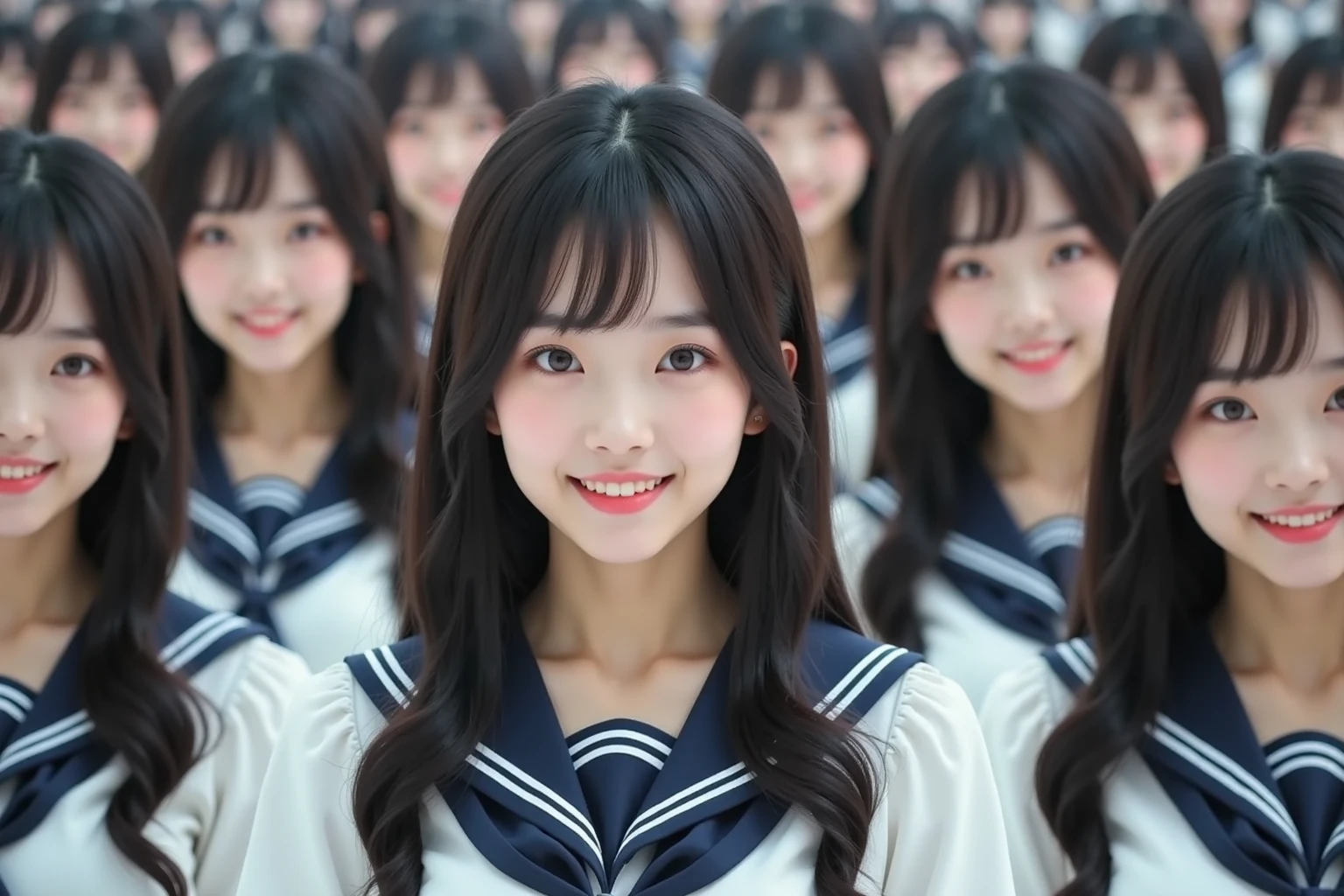 score_9, score_8, score_8up, score_7, Highest quality、masterpiece, group、((Sailor suit, mini skirt, uniform, Summer clothes)), Large Breasts, ((Layered Haircut)), Slim body, Slim face（8k，Highest quality），Shot from medium distances，lecture hall,  Adorable， smile， Long brown hair， 32K, masterpiece， Best image quality，Ultra-high resolution，Perfect hands，Black choker、Almond Eye、bangs、Very thick and long eyelashes, ((Big Breasts))、Students listening to a lecture、A dreamy look、Natural Makeup、They are sitting side by side taking a class