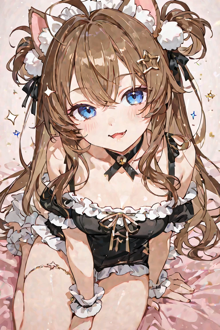 masterpiece, Highest quality, Very detailed, One girl, evaluation: Sensitive, ((Gothic Lolita Fashion, Black clothes, Frills)), ((Change of clothes, Open clothes, Unfinished garment, White bra, White panties)), (((17 years old, Pink Eyes, Cute eyes, Highlight Eyes:1.2, Very cute face, Hair Ribbon, Detailed Hair, Light brown hair, Long, thick, wavy twin tails:1.2, bangs, Medium chest, blush:1.3, shy:1.2, Lips parted))), ((Cowboy Shot)), Flip up the skirt、Nipples、I can see the boobs