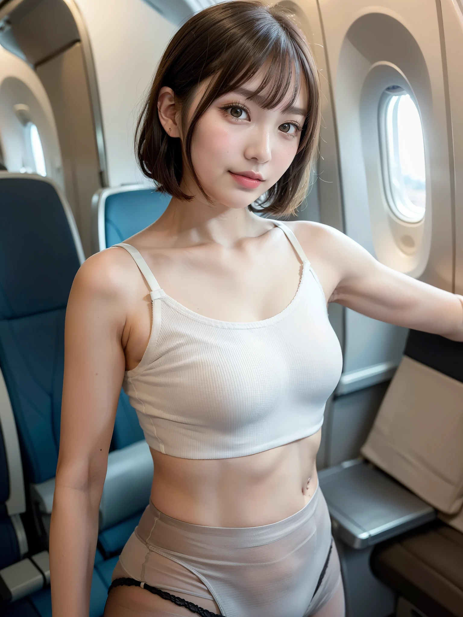 ((of the highest quality, 8K, masutepiece: 1.3, Raw photo)), Sharp Focus: 1.2, (1 AESPA Girl :1.1), Solo, (Realistic, Photorealistic: 1.37), (Face Focus: 1.1), Cute face, hyperdetailed face, (short messy hair), (updo: 1.2), Small breasts, flat chest, (nude: 1.2), (white chiffon shirt), Thigh, in the airplane,