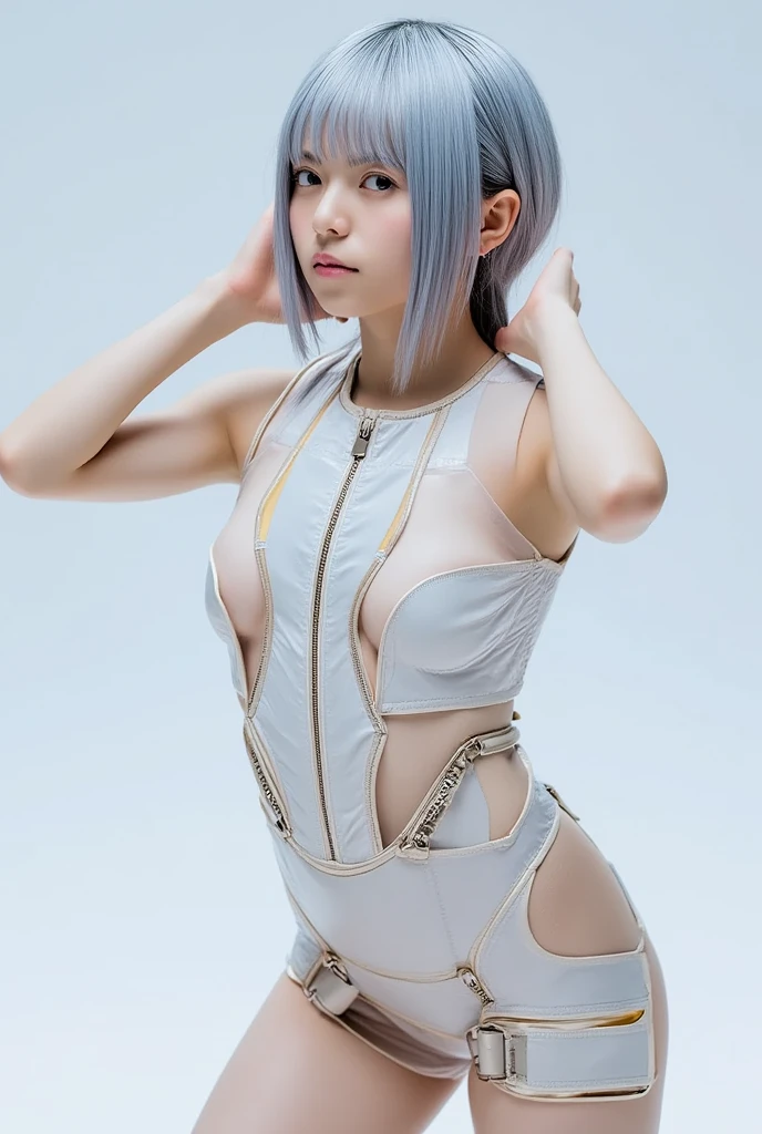 Japan anime style,9 year old silver haired cyborg girl,The right eye is gold and the left eye is dull black.,Her clothes are damaged and her upper body is almost naked.,Her right arm is made of mechanical equipment and was damaged in battle.,A deserted city with no people