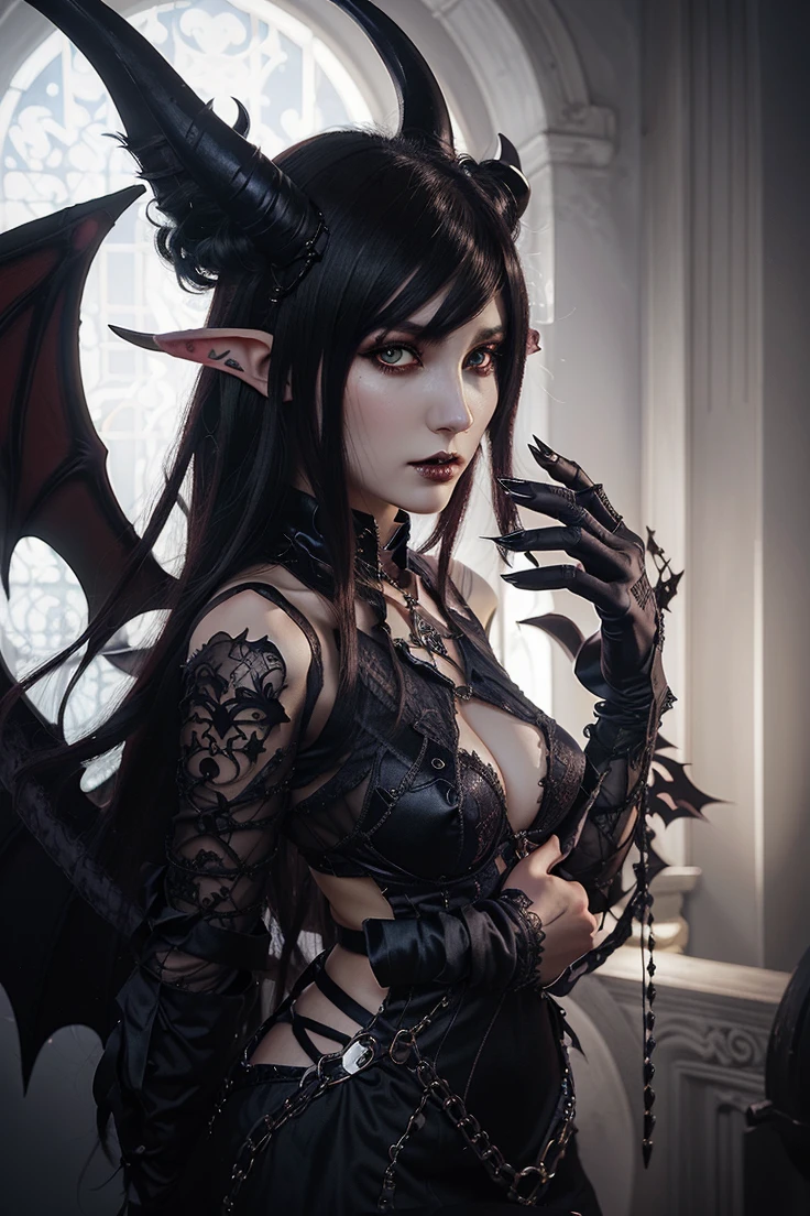 Succubus, 18 years old, fringe, pigtails, scissor hands, bat wings, two small horns on the head, gothic, extreme beauty, wide hip, full body, luminism, 300 DPI, 8K Ultra HD, realistic photo, dark, cute, kawai --auto --s2