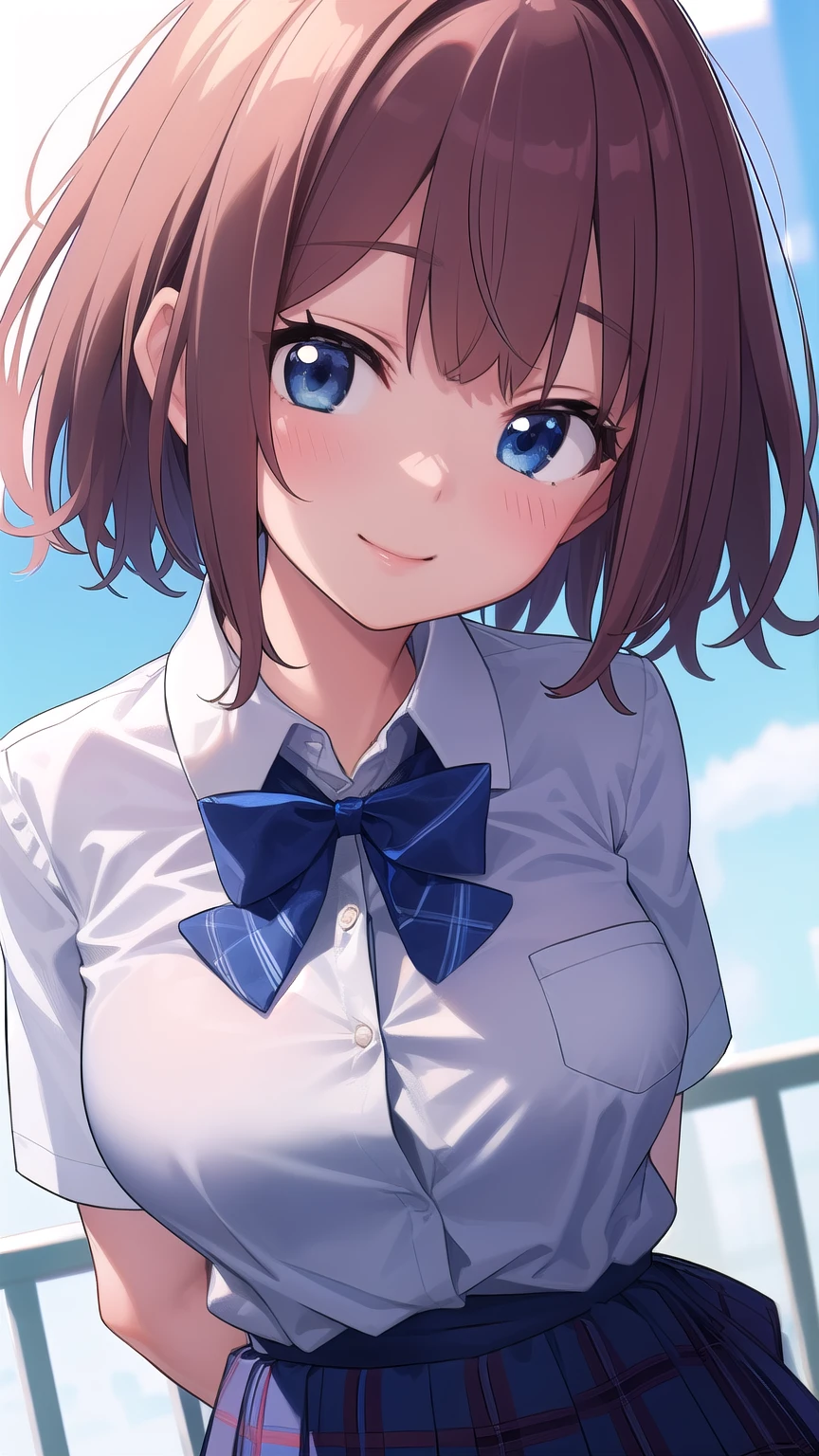 ( masterpiece, highest quality), 非常に詳細なbackground, perfect lighting、highest quality, (Face close-up angle:1.5), {hitoyobafu 、1 girl、(is standing:1.2), wind、(arms behind back:1.5)、(18 years old)、pink lips、short brown hair、blue eyes、( Smile:1.4)、(blush:1.3)、{school uniforms、(white collared button blouse:1.3)、(Short sleeve)、(blue bow tie)、{slender on the background、glamour}、(big boobs:1.3)、(blue plaid skirt up to the 3rd button)、(windでスカートリフトアップ:1.5)、(Skirt lift up with white thin thighs)、(socks)、}、{background、(School Rooftop)、blue sky、 fence、cityscape}