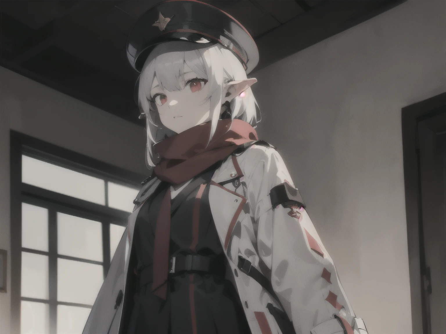 1girl, Dragon Girl, Fantasy creature characteristics, Mythological Creatures, Demon Girl, Vampire style, (highly detailed, masterpiece:1.2), Two pairs of upstraight short horns above the ears, black horns, Dragon Horn, slit pupils, Upright ears, white hair, (red eyes), (gradient eyes), streaked hair, gradient hair, red bangs, Soviet military commissar hat, Red overcoat with white Shirt, Trench coat, red scarf, short_hair, (whole body:1.3), flat_chest, from arknights, warfarin_arknights, saria_arknights, simple background, Against the window, Front view, jitome, in a old castle, Dragonborn, from below, first-person view, wide shot, cinematic lighting, best quality, 4k, 8k