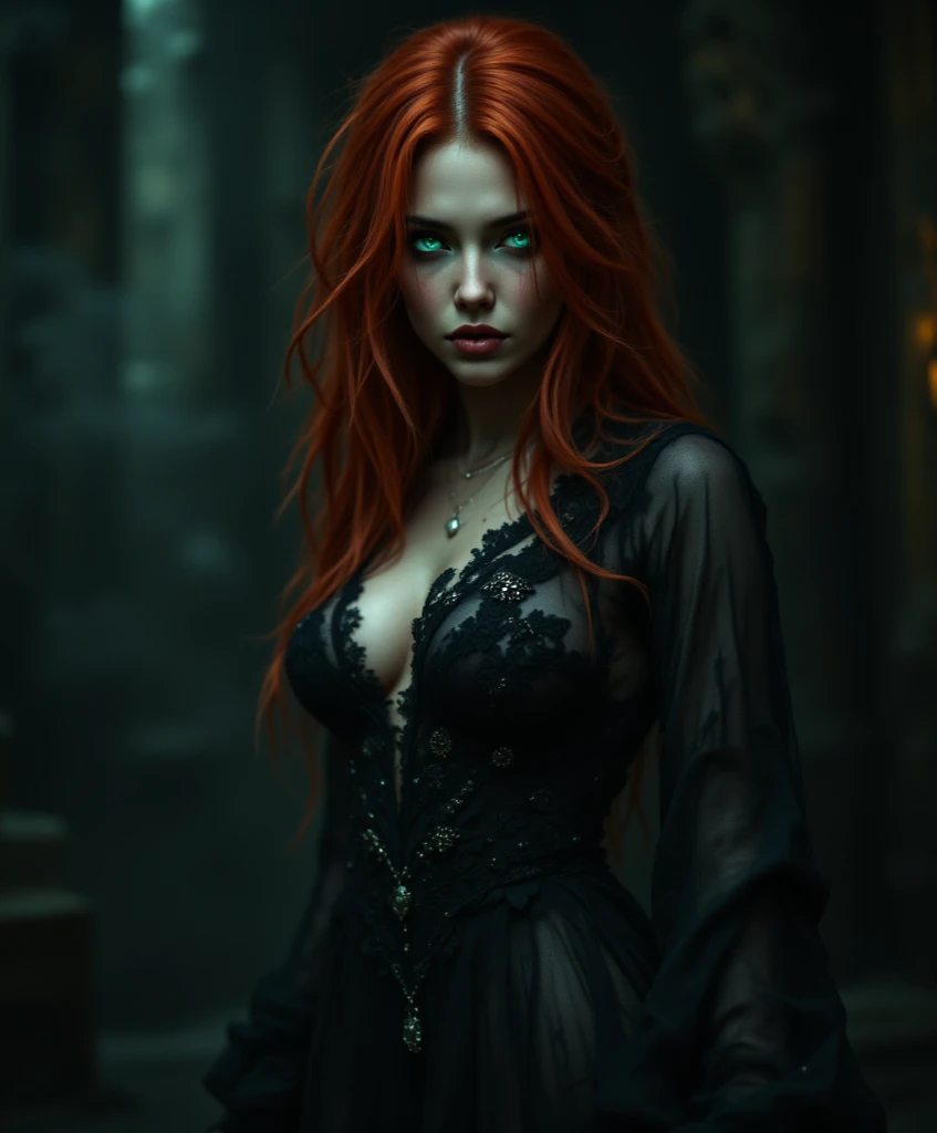 In the heart of an enigmatic forest, shrouded by thick, misty fog, resided a woman with a mysteriously broken heart, her red hair cascading down her shoulders like a curtain of fire. Emitting a palpable air of sorrow, her once vibrant and passionate eyes now held a haunting emptiness, mourning the loss of love's embrace.
Despite her despair, her figure was ethereal, clad in a delicate gown that seemed to merge seamlessly with the surrounding foliage, each thread adorned with meticulously woven strands of ruby flowers, as though nature itself had intertwined them in a sympathetic gesture. Her