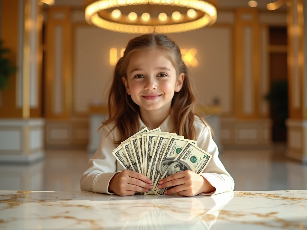 Elementary school student holding a wad of bills、image of success