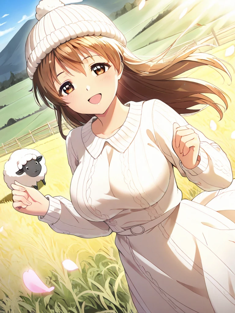masterpiece, best quality, good quality, KururugiSeina, 1girl, solo, long hair, brown hair, blue eyes, , low twintails, happy, smile, Wool Felt fashion, Wool Felt hat, She's on a sheep farm, Her hair shines in the wind., petals dance in the wind, sunbeam, cinematic angle, movie angle,