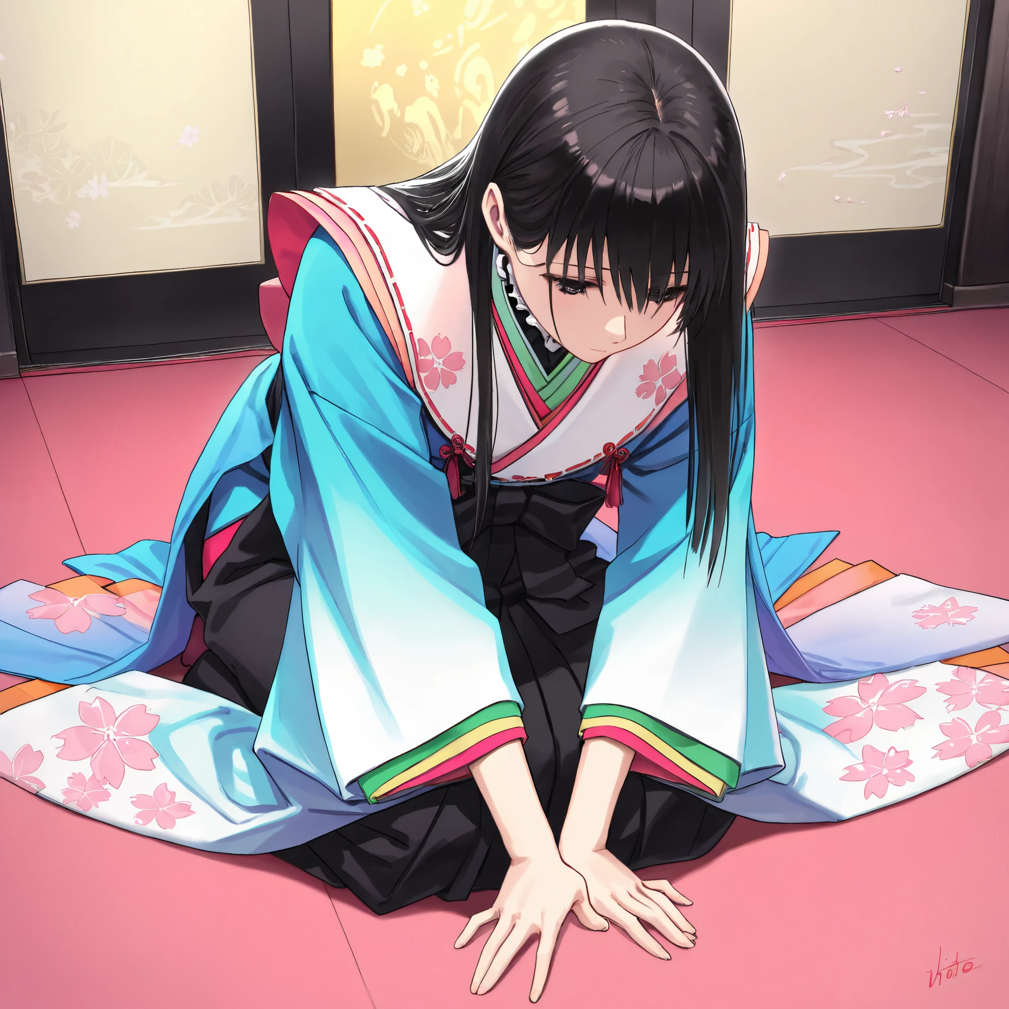 score_9, score_8_up, score_7_up,BREAK,(masterpiece, highest quality, highest quality,aesthetics:1.2),Esbian all over,1300 years ago,Japan_Heian period,noble,1Beautiful Princess,solo,(cherry blossom pattern juunihitoe:1.3),Beautiful Skin,(Straight Hair,Long beautiful black hair,wealthy),Beautiful eyes,(kimono,Gentle pink hue,The beauty of layered colors,cherry blossom pattern),Silk luster,(bright colors Layered collar:1.3),Wide sleeves,Long hakama hem,Elegant,BREAK,sitting,seiza,hands on floor,(leaning forward:1.3),looking floor, head down,BREAK,full body,indoor,japanese luxury room,from forward,from above