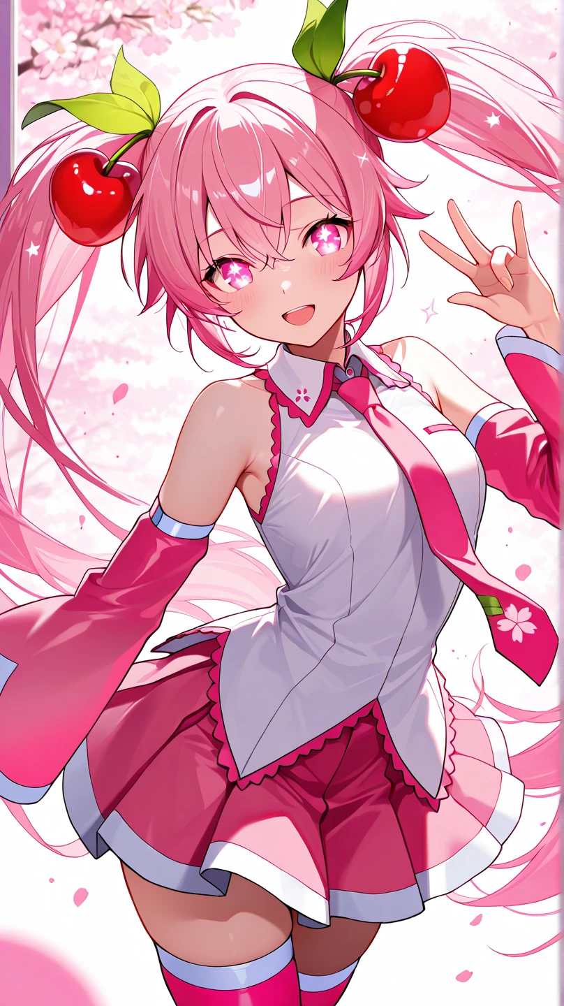 1 girl, Solo, Pink hair, Pink eyes, Twin tails, Food-themed ornaments, cherry_ornament, (cherry_blossom print)), Sleeveless, Sleeveless shirt, Parted sleeves, White shirt, Pink tie, Petals, Pink skirt, Rim light, pink_pantyhose, bare_ shoulders, pink sleeves,