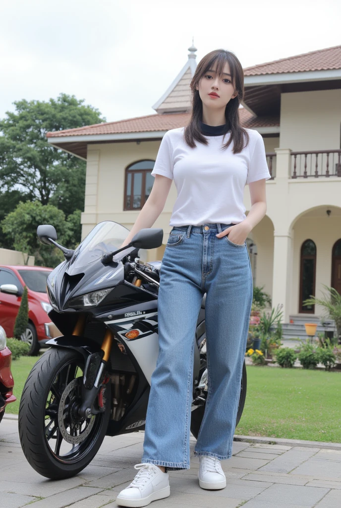 Create a dynamic urban portrait of the Malay woman in contemporary streetwear, very short white pixie hair cut, small breast, wide hips, big ass, thick thighs, capturing her confidence and style as she strikes a pose against the backdrop of a bustling city street