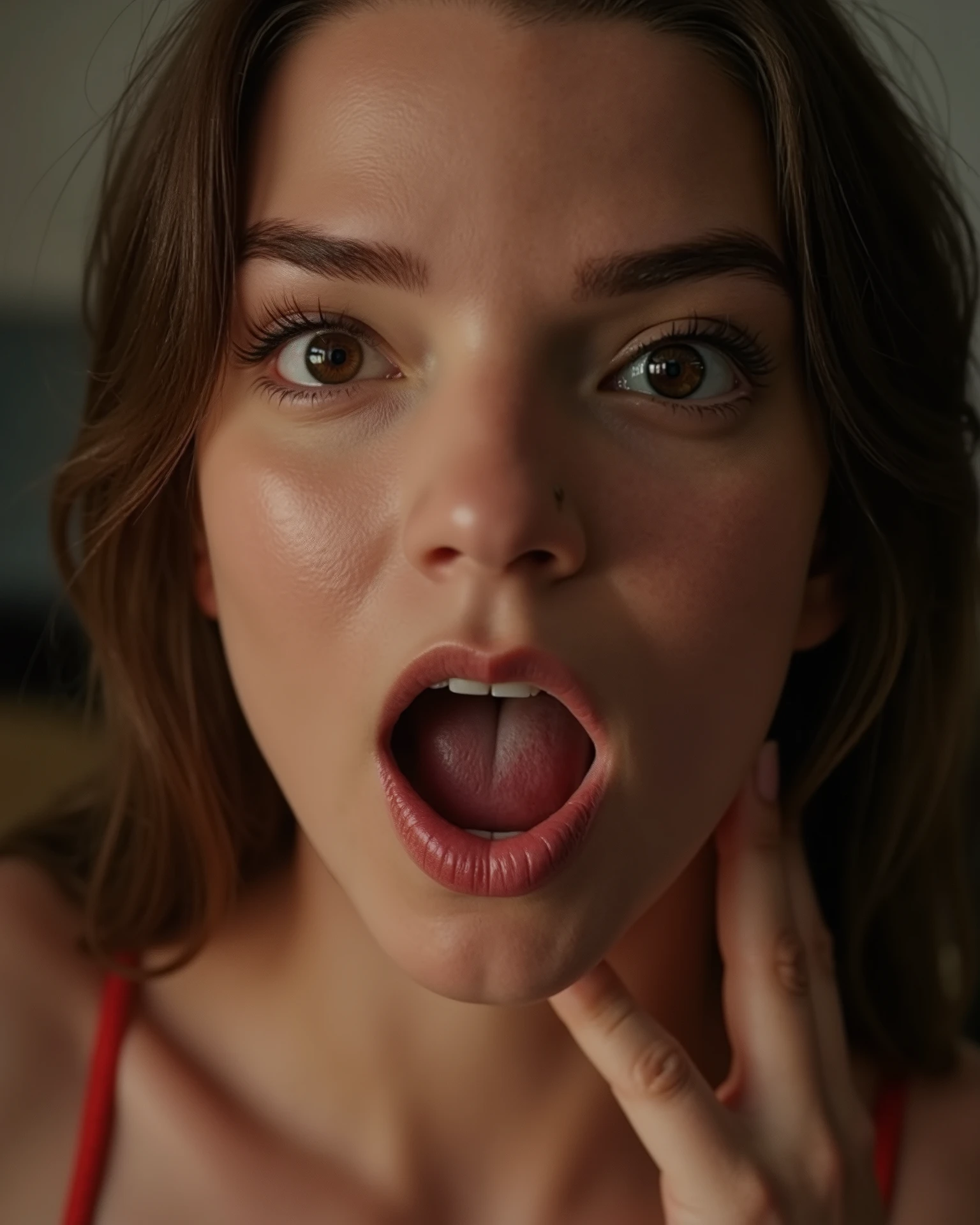 Close-up of a woman's face,  detailed, she's horny and looks straight ahead,  has an orgasm with her hand.