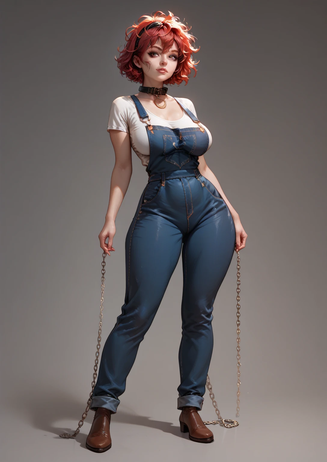 Create in full body: 1 appearance of an adult WOMAN, extraordinarily well-made red hair, short hair to the shoulder, messy hair, extremely wide and wide hips, very large space between the legs in the groin, beautiful and perfect BUST, large sagging bust, SINUOUS curves, hottie with a thin waist, collar with a chain, good shape, thin waist, negative belly, with a gardener's overalls, on the skin there is a readable barcode she is a product, she is in the pose of 4 with her butt facing the camera and pulling her buttocks open