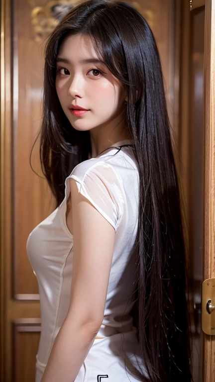 1 Girl,Lobby,Soft Light,Chinese Beauty,Tight Fit,Pleated Skirt,Dark-haired,long hair