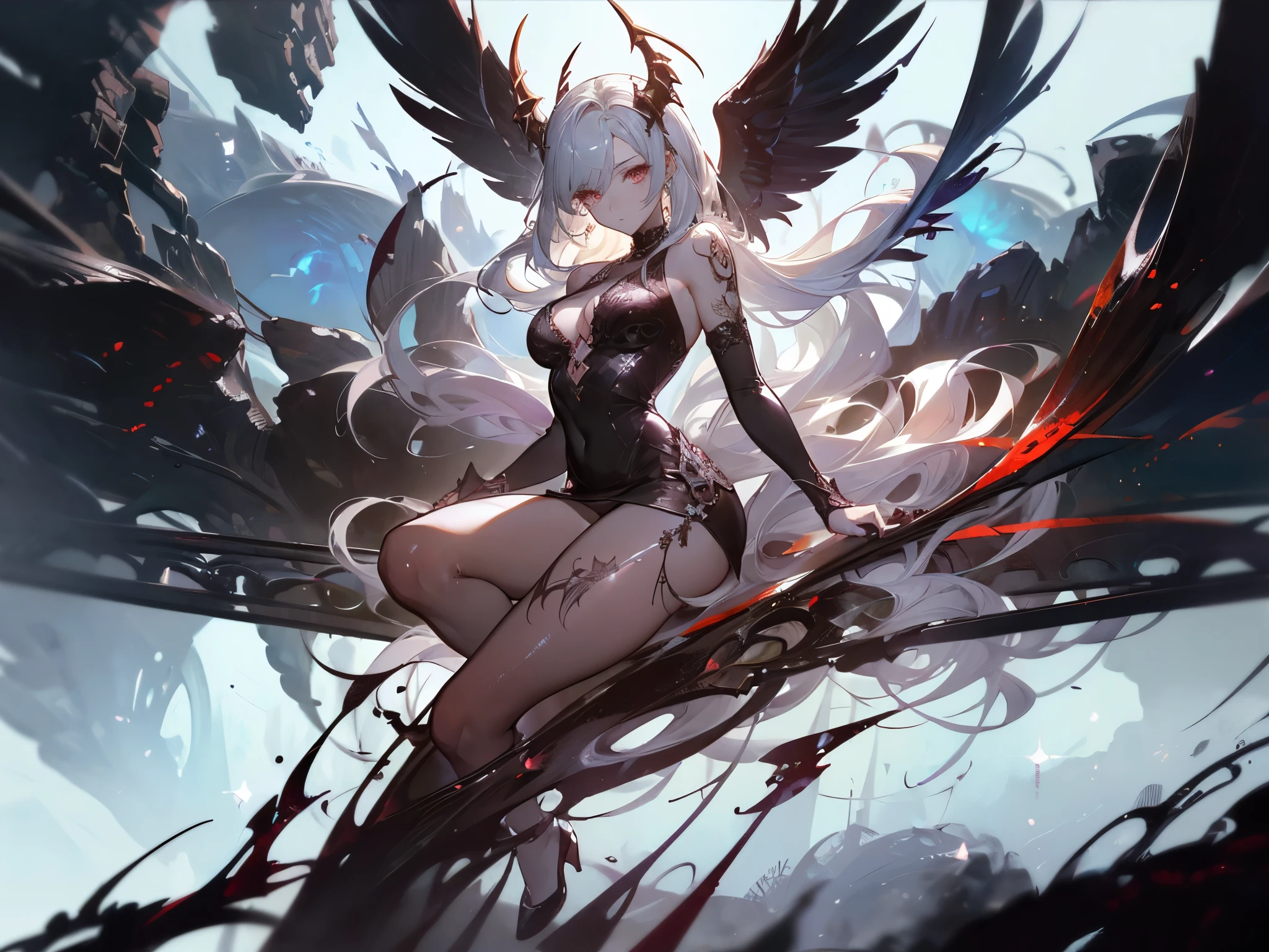 1 dark angel is praying, knee down, wings, simple plain background, flowers and sword, view from her right side, diamond, smoke, lolita white long dress, rage, bloody, 8k, hd, unreal engine, dreamy, romantic