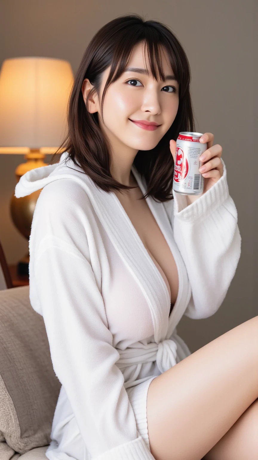 (masutepiece, Best Quality:1.4), Beautiful face, 8K, 85 mm, absurderes, ((Dark bedroom in the hotel))、(Wearing a thick white bathrobe:1.4), ((cowboy  shot:1.5))、((Shot from below:1.4))、((udder of medium size:1.4))、((cleavage of the breast:1.4))、violaceaess, gardeniass, Delicate girl, Solo,(((long:1.5)))、((sitting in the couch:1.4))、(((Drink juice:1.4)))、Night, Looking at Viewer, Upper body, Film grain, chromatic abberation, Sharp Focus, face lights, Professional Lighting, Sophisticated, (he looked at me with a confused expression:1.4), ( Background, Bokeh Background:1.2), Detail Face、