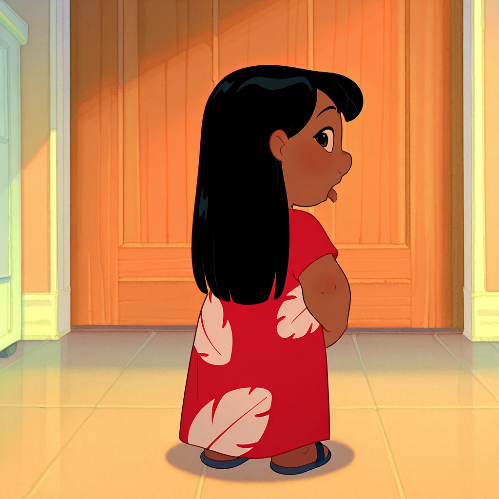 masterpiece, best quality, amazing quality, liloL&Sil, human, female, dark skin, brown eyes, black hair, long hair, Red dress,white pattern, short sleeves, sandals, standing, inside, solo, 1girl, 🤬🤬🤬🤬🤬🤬🤬walking towards sunriseLooking at viewer, Jewelry, Tongue Out, From Behind, 