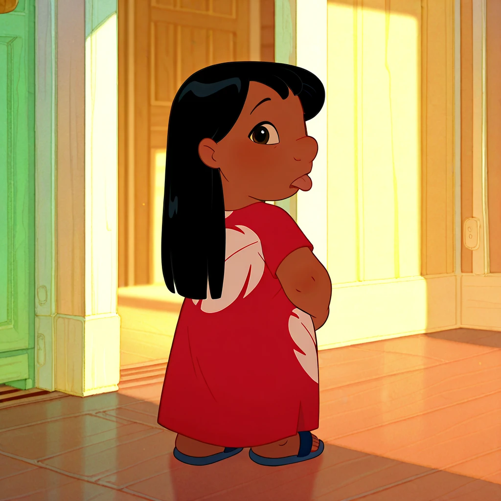 masterpiece, best quality, amazing quality, liloL&Sil, human, female, dark skin, brown eyes, black hair, long hair, Red dress,white pattern, short sleeves, sandals, standing, inside, solo, 1girl, 🤬🤬🤬🤬🤬🤬🤬walking towards sunriseLooking at viewer, Jewelry, Tongue Out, From Behind, 